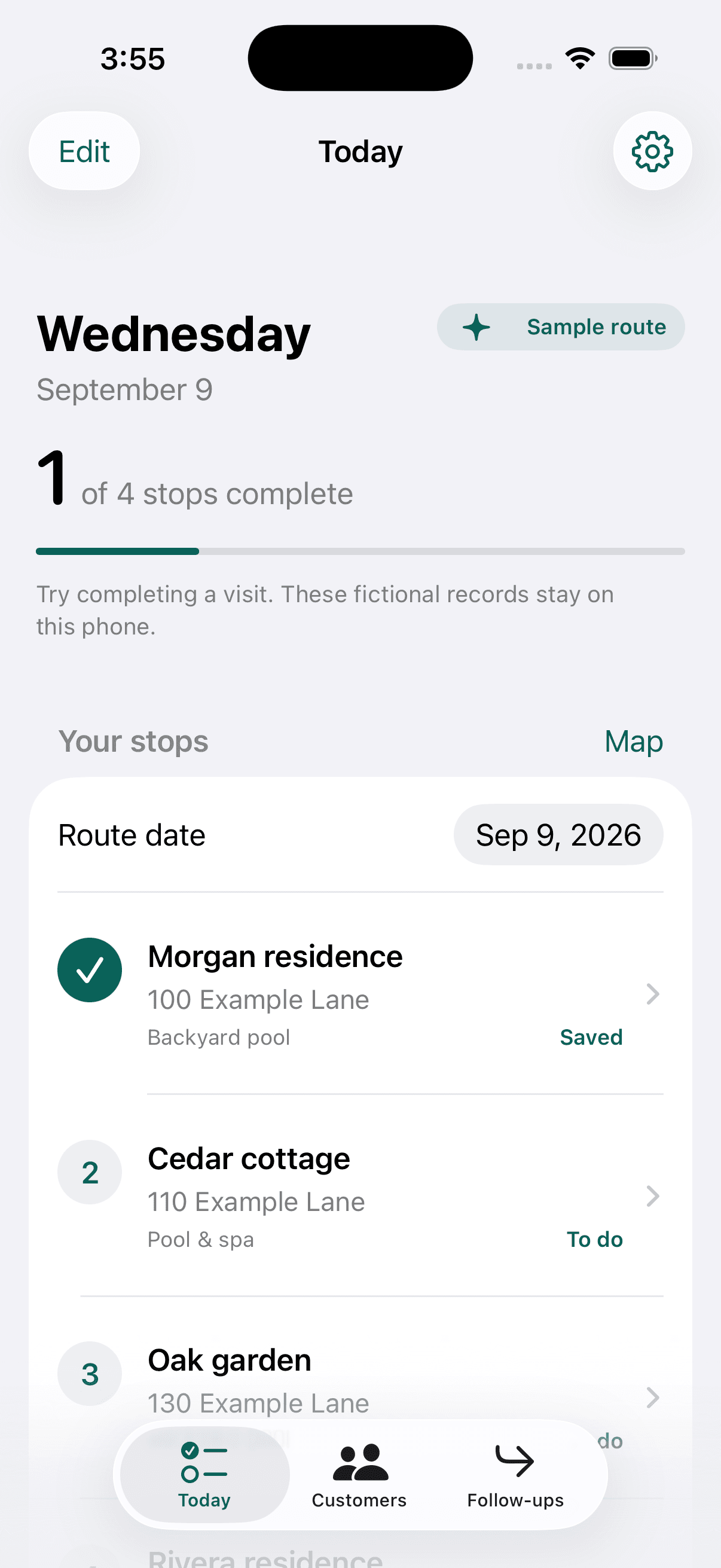 Actual PoolTrail Today screen with a fictional daily pool-service route